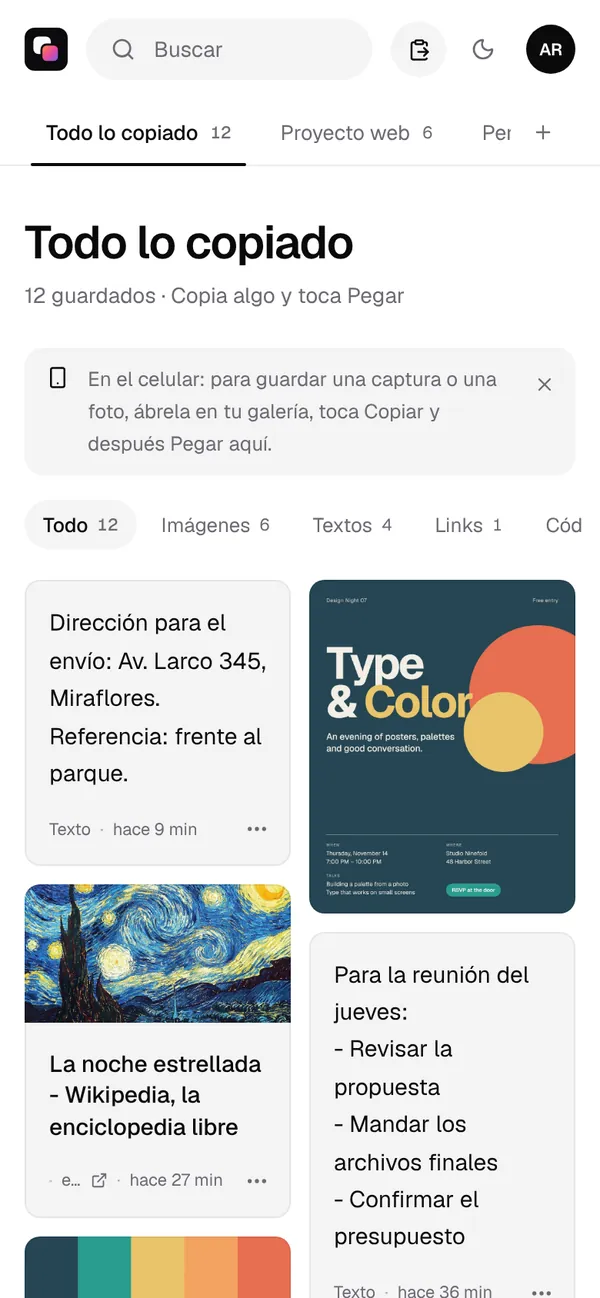 Colurus en un celular Android, con los mismos textos, el link y las imágenes guardados, listos para copiar