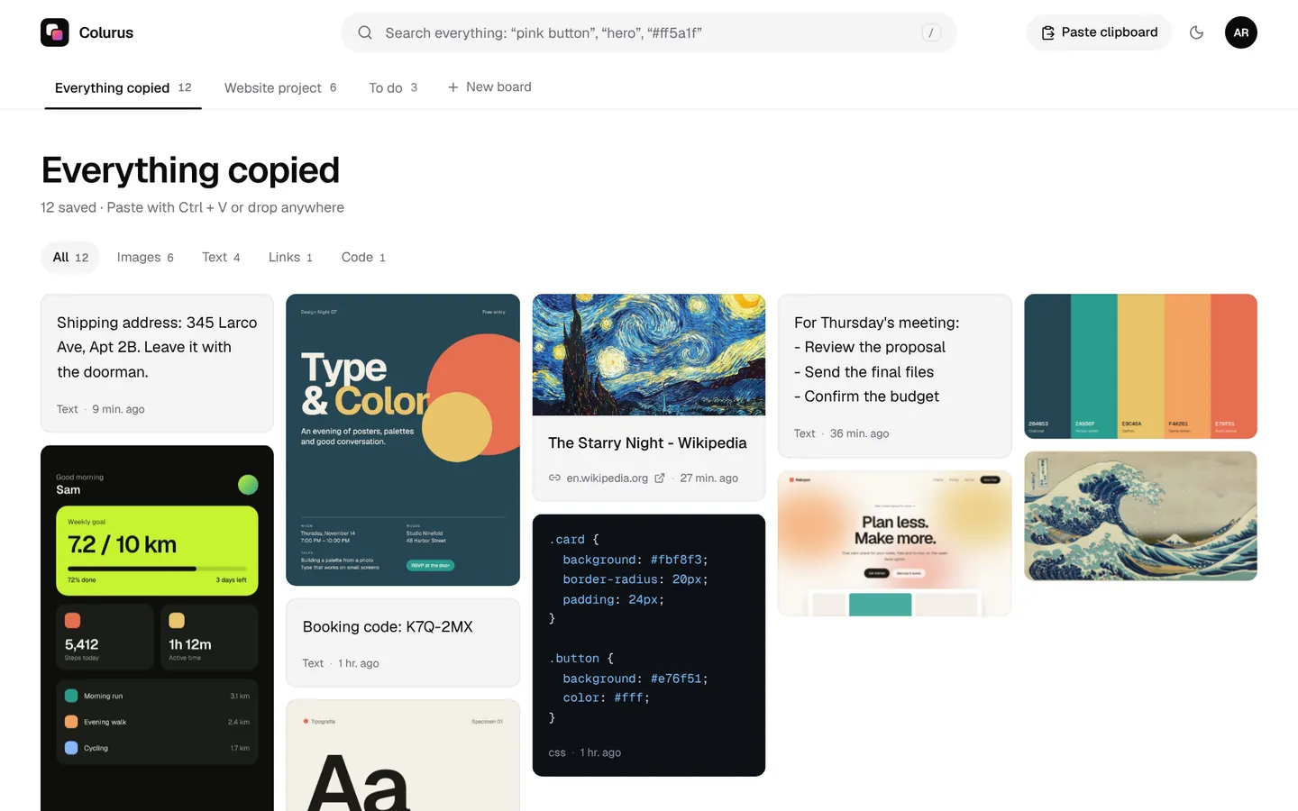 Colurus on a computer: a grid with a saved address, a link, a to-do list, a booking code, images and code