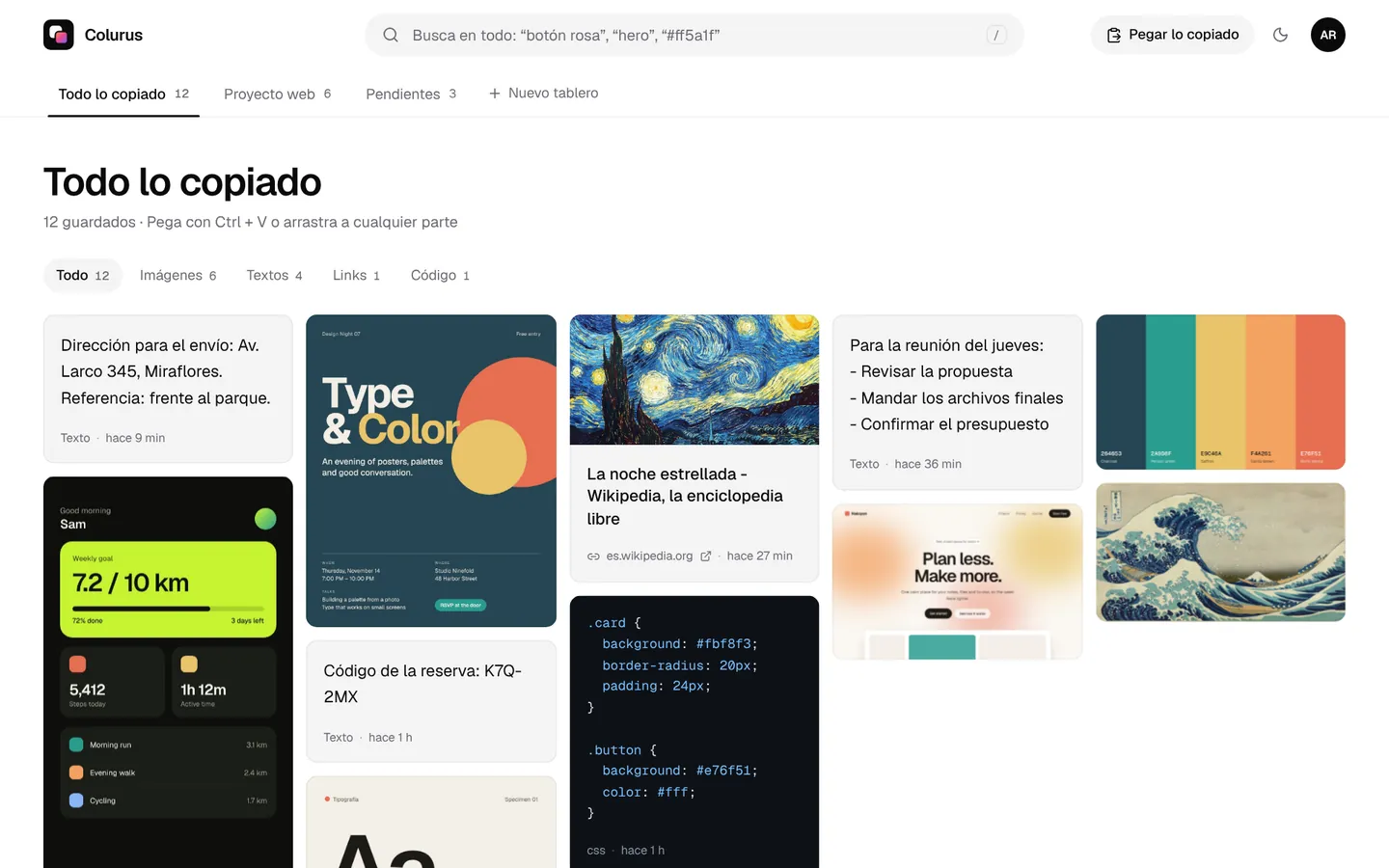 Colurus en la computadora: una grilla con una dirección, un link, una lista de pendientes, un código de reserva, imágenes y código guardados