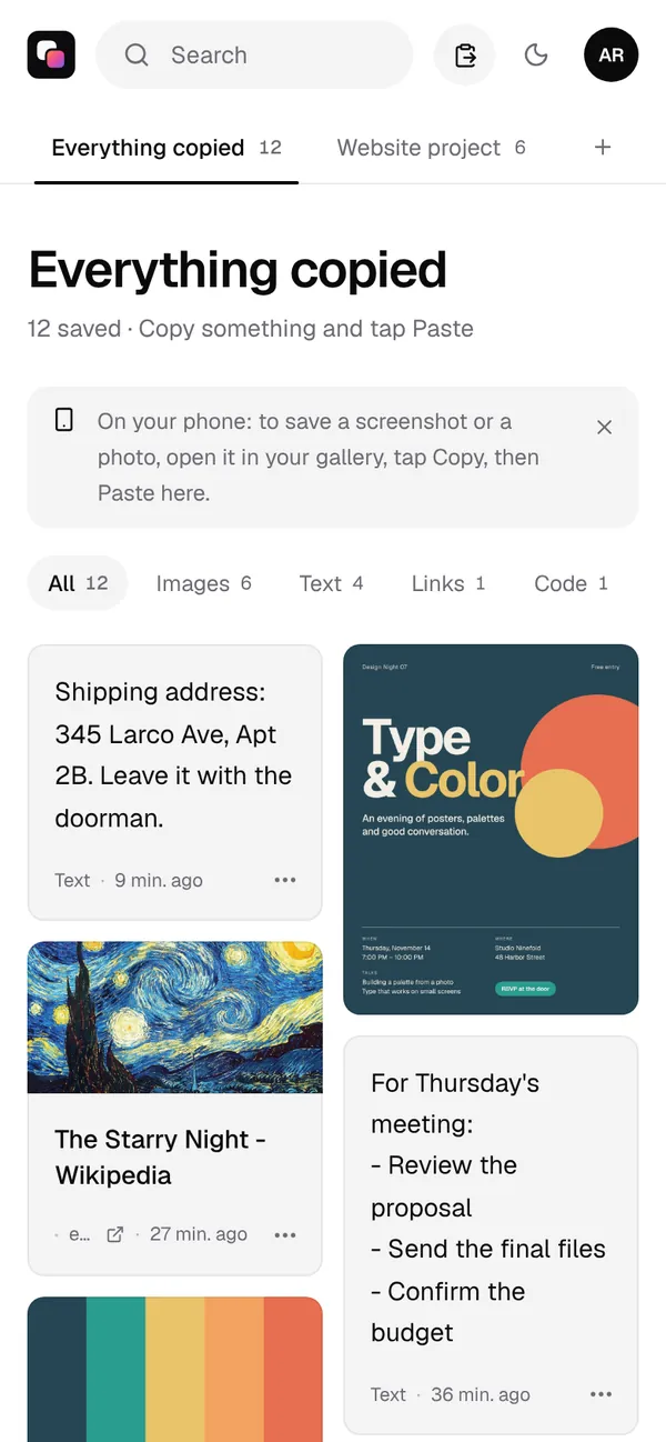 Colurus on an Android phone, with the same saved texts, link and images, ready to copy