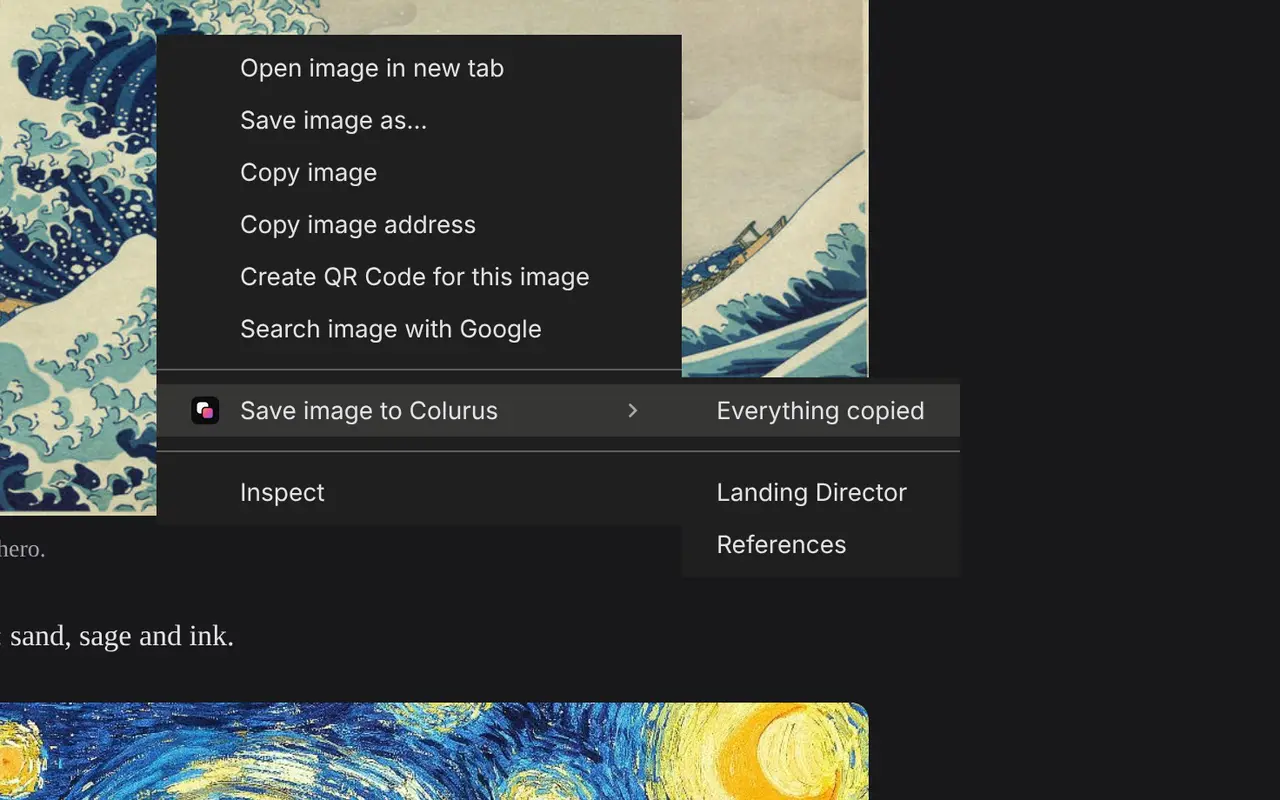Chrome's right-click menu with Save to Colurus and your boards