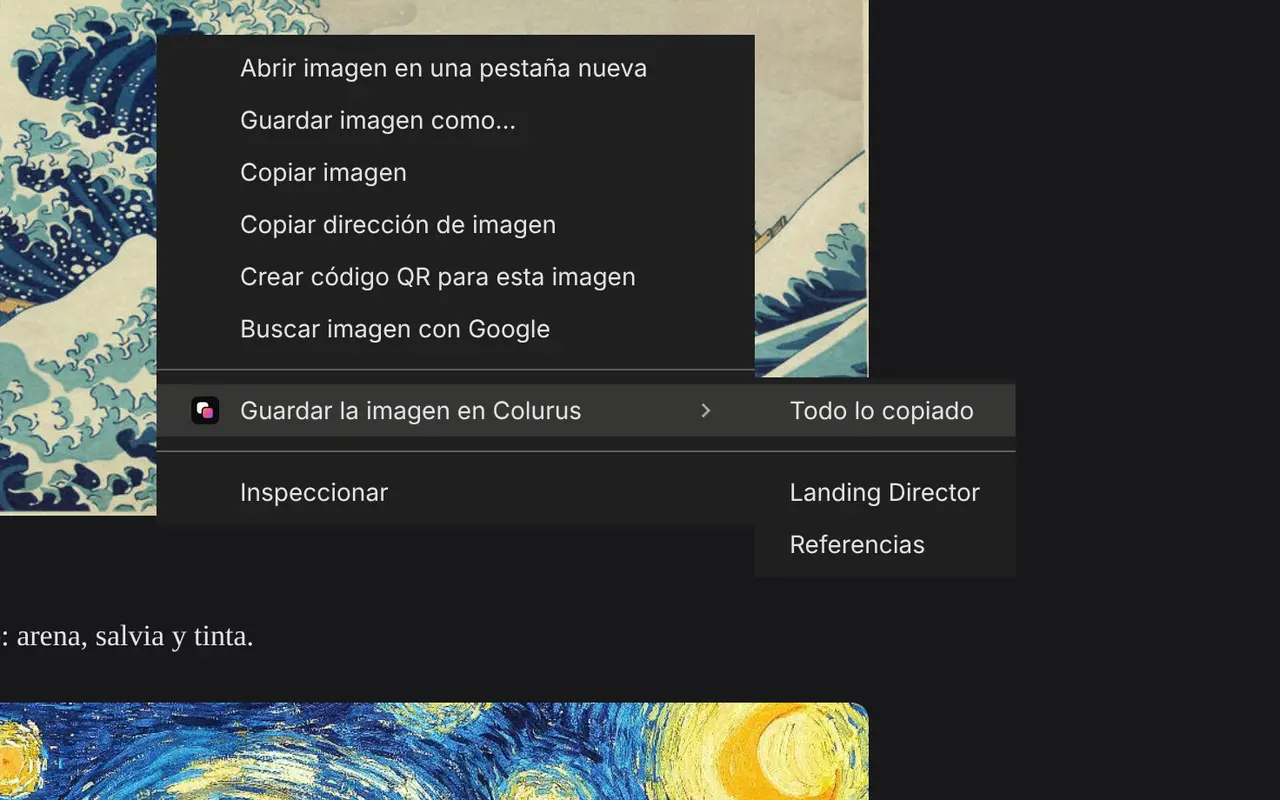 El menú del clic derecho de Chrome con Guardar la imagen en Colurus y los tableros