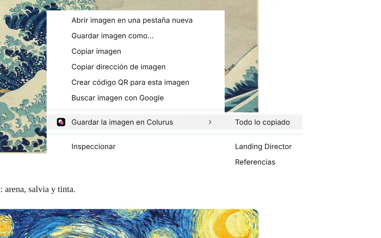 El menú del clic derecho de Chrome con Guardar la imagen en Colurus y los tableros